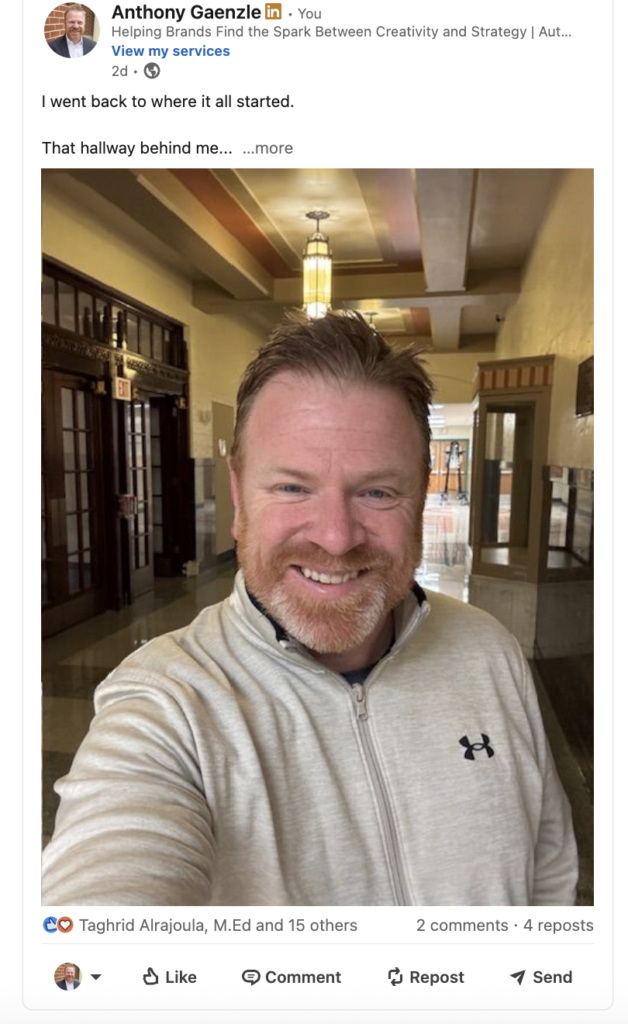 LinkedIn post with a selfie